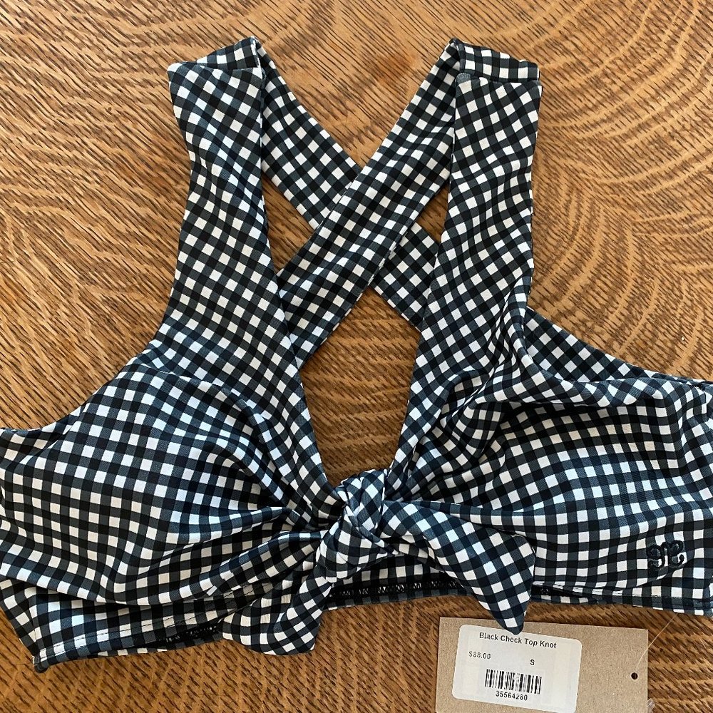 Albion Fit black and white check top knot swim top and high waisted swim bottom